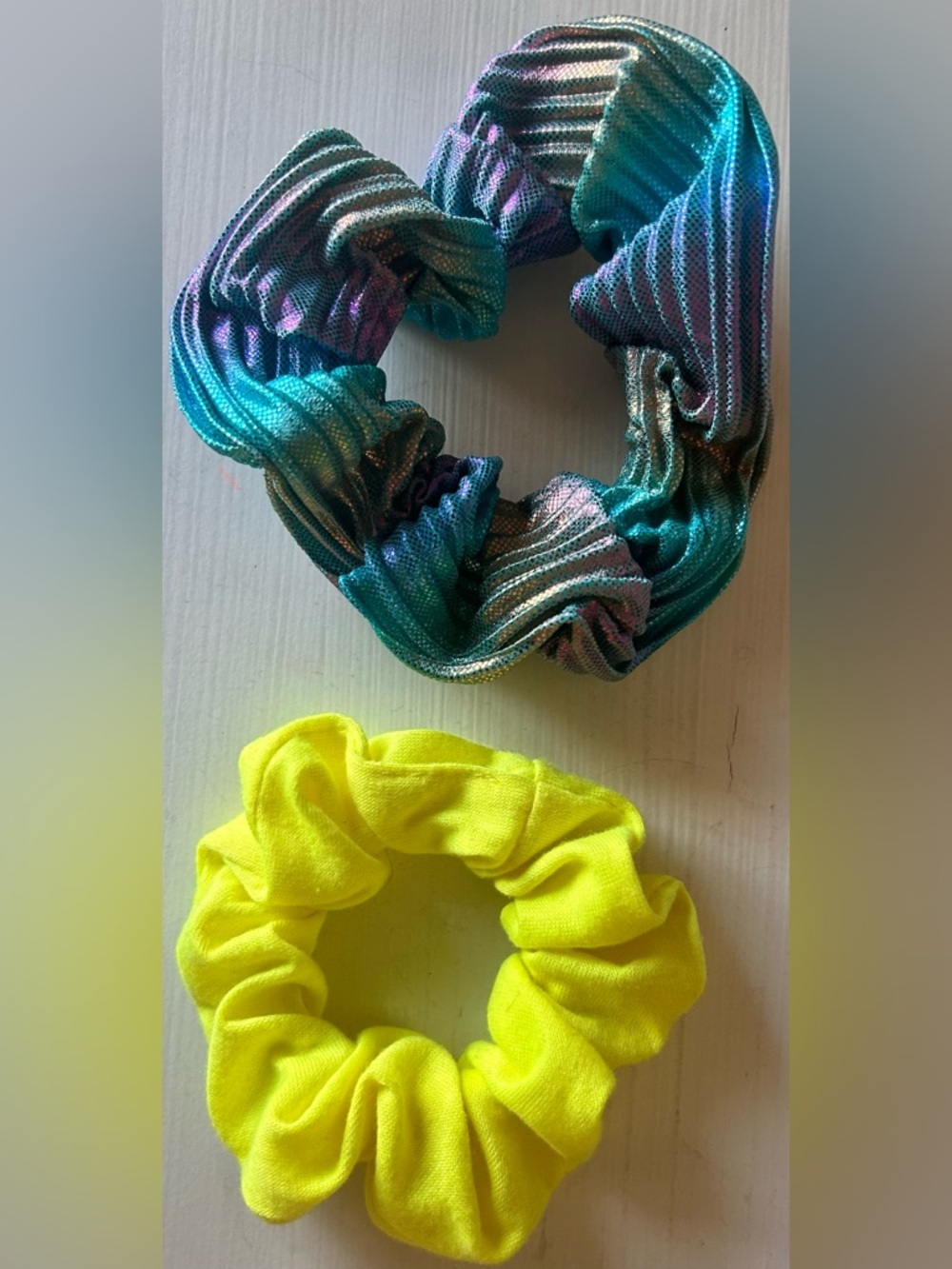Two cute Scrunchies - Metallic Teal & Neon Yellow